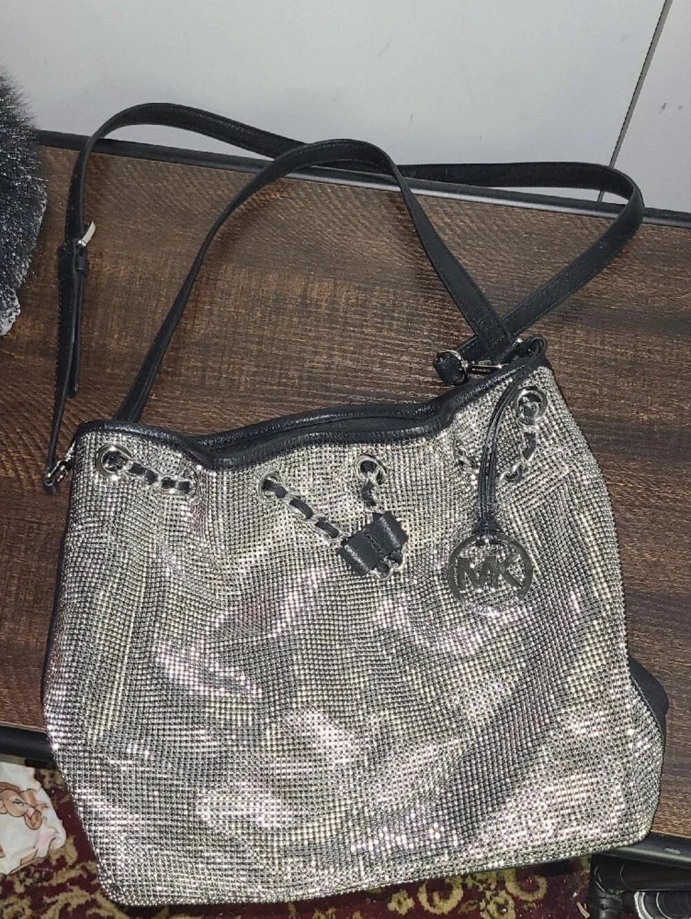 Michael Kors Silver Crystal Mesh Shoulder Bag with MK Charm